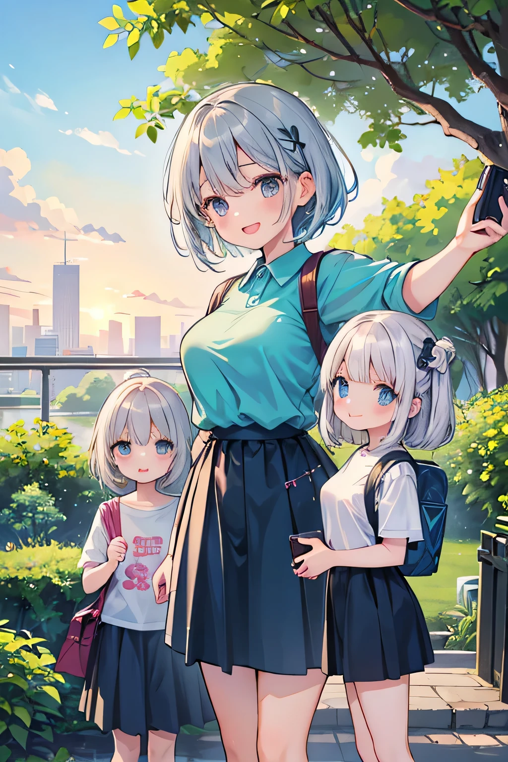 highest quality、High resolution、Detailed Background、(Beautiful face in every detail:1.4)、Anatomically correct、(Detailed facial expressions)、(Detailed eyes:1.2)、Teenage beauty、(Highly detailed face:1.4)、(Detailed eyes:1.2)、(Huge breasts:1.2)、cute hair color、Braided bob cut、Braided Ponytail、cute hairstyle、well-groomed eyebrows、Smiling、A fun atmosphere、Cute gestures、Cowboy Shot、
(Three beautiful girls taking a selfie with big smiles:1.5)、
Beautiful natural scenery such as lush parks, blue skies and white clouds make a great background.、
The silhouettes of skyscrapers and modern architecture create a sophisticated atmosphere.、The illuminated buildings at dusk are particularly impressive.、Bright flowers々The lush greenery adds a touch of natural color.、Flowers in a vase, garden views, etc.、
Colorful graffiti and artwork on the walls create an artistic atmosphere.、
T-shirts and polo shirts、Long sleeve cut and sew、Shorts、Flared skirts and culottes are cute.、
sneakers、Sandals、Backpack、Sacoche、Caps and bucket hats are cute、cute