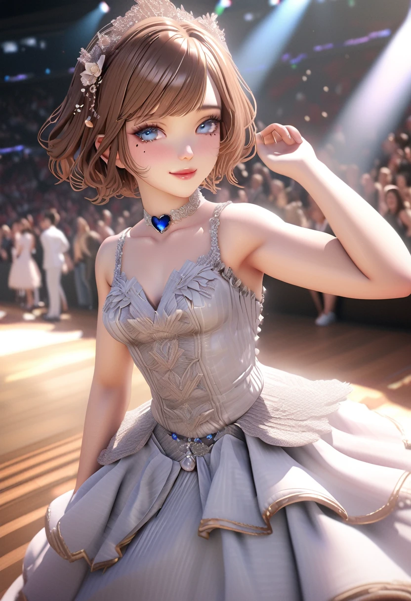 One girl, looking at the audience,
beautiful blue eyes, brown short hair, mole under eye, plump glossy lips, heart shaped choker, idol, smiling, . . . . 3D, realistic,
princess dress with too many frills, draped clothes, jewels, embellishments stripped away, floral patterns, lace trim, bright stage,
masterpiece, best quality, 8k, detailed skin texture, detailed fabric texture, beautifully detailed face, intricate details, highly detailed,
ultra high resolution, 8K Ultra HD, film grain, best shadows, delicate, looking at the audience, front