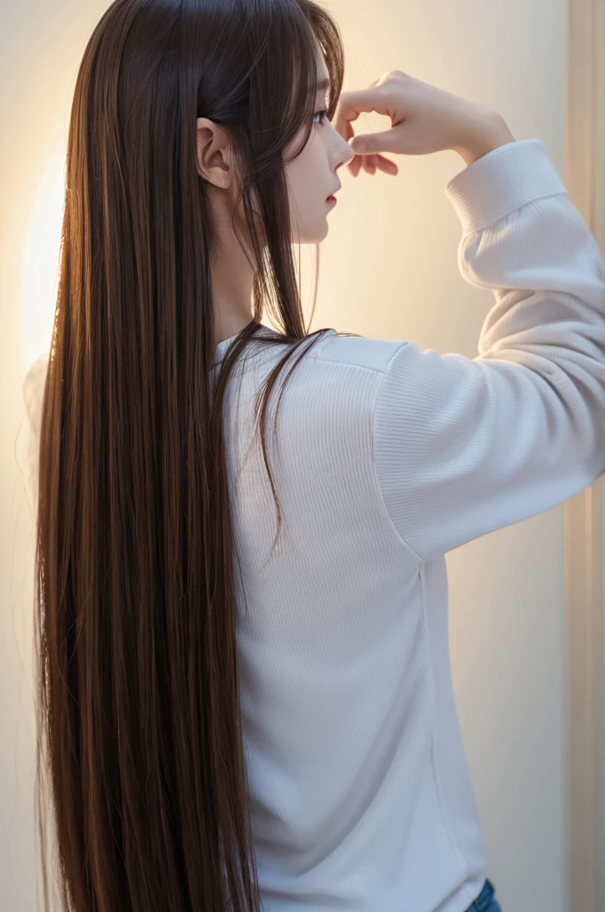 highest quality、High resolution、quiet、Silence、woman、one person、long hair、Straight Hair、Brown Hair、Shiny hair、Long sleeve、White wall、Backwards、Back view、No camera look、₍ Buckshot 1.5₎