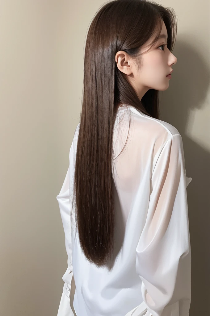 highest quality、High resolution、quiet、Silence、woman、one person、long hair、Straight Hair、Brown Hair、Shiny hair、Long sleeve、White wall、Backwards、Back view、No camera look、₍ Buckshot 1.5₎