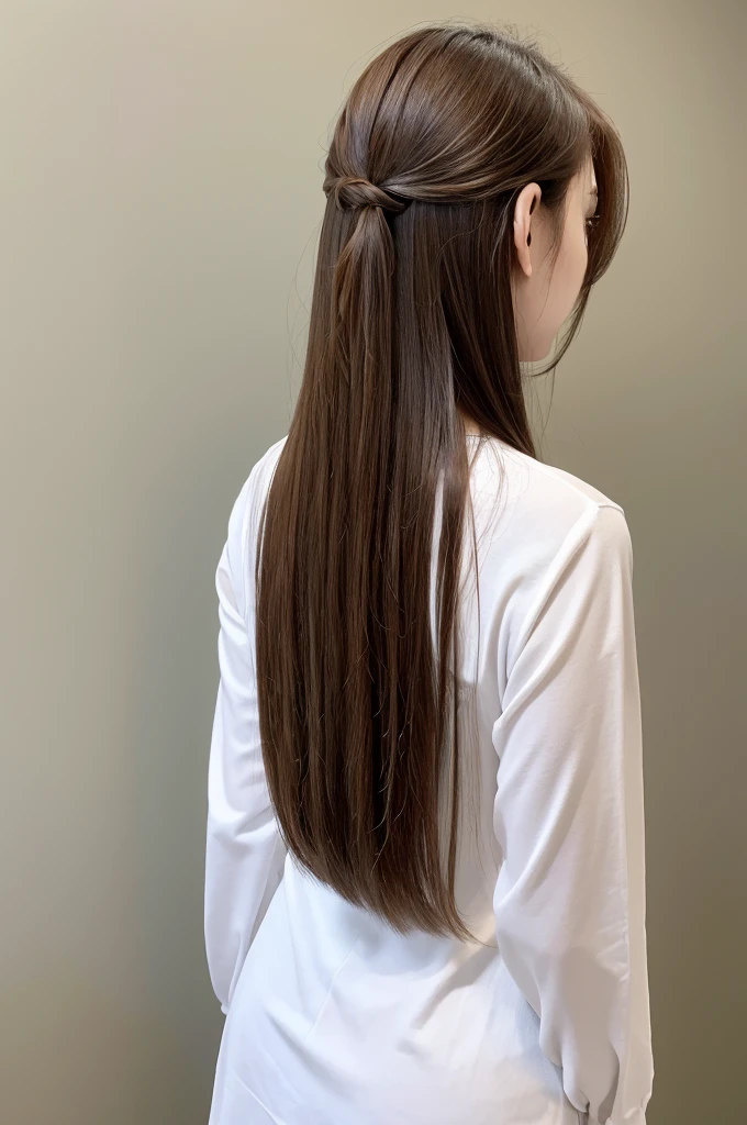 highest quality、High resolution、quiet、Silence、woman、one person、long hair、Straight Hair、Brown Hair、Shiny hair、Long sleeve、White wall、Backwards、Back view、No camera look、₍ Buckshot 1.5₎