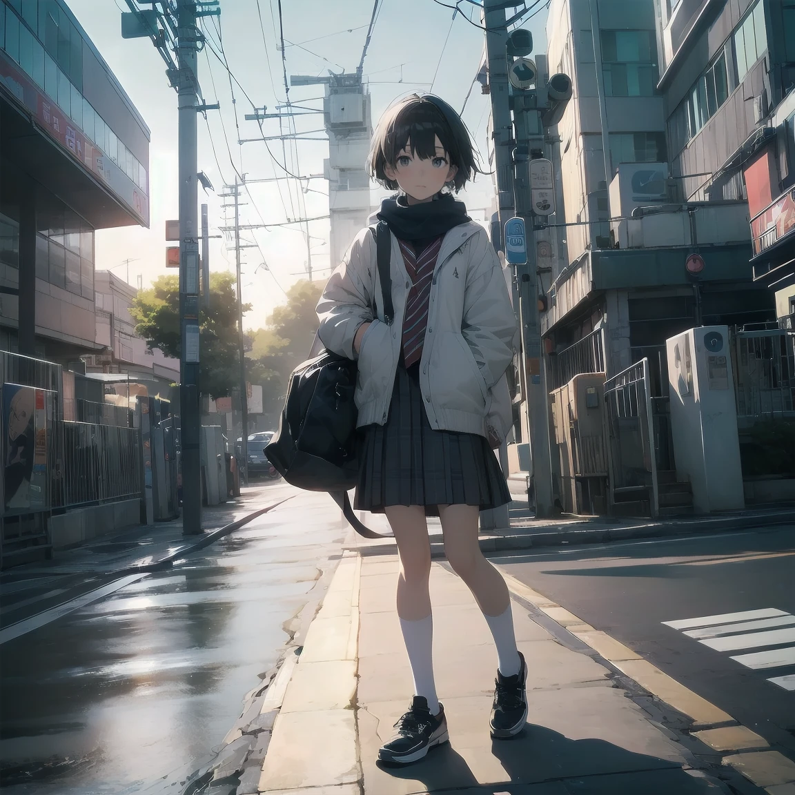 Portraiture, documentary, photograph, A girl is gender-neutral middle school student with short black hair and , 疲れた表情でCommuting路を歩いている , skirt, Commuting route, high quality, Realistic, Eye-level shot, Medium Shot, Front view, Natural light, Commuting,break,One girl, (alone, face,13 years oldcharm of androgyny, Flat Chest, Small Ass, Beautiful and exquisite black eyes, Disgusted Eyes,break,((最high quality,Anime Style, Super detailed,High resolution,Highly detailed CG,unity 8k wallpaper,By famous artists,Perfect Anatomy,Highly detailed skin,Cinema Lighting)),Japan railway crossing