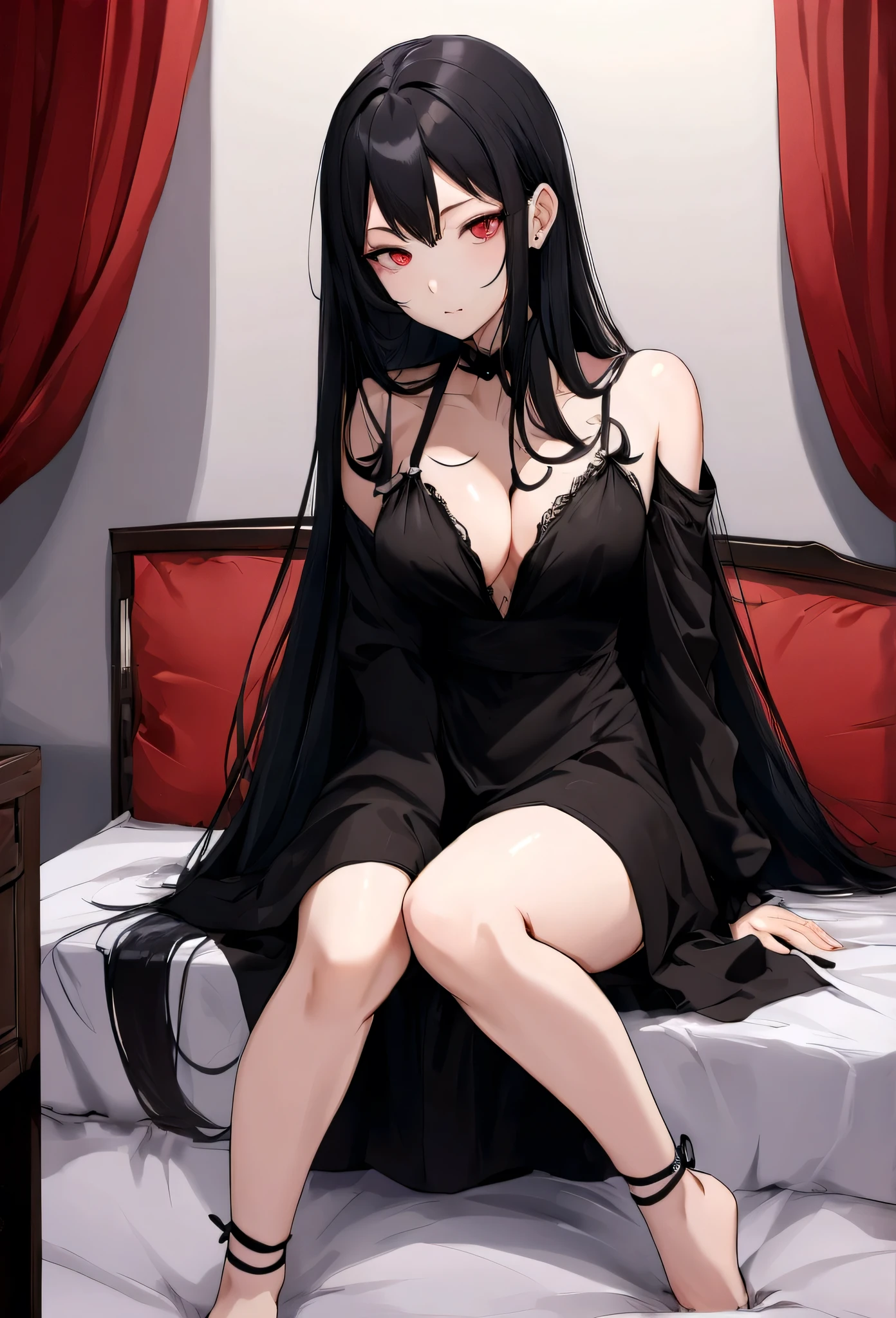 a woman, long black hair, was in the room, sitting on the edge of the bed carrying a box of condoms, at night, wearing mini dress
