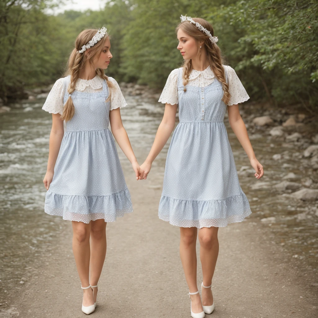 So Pretty And Girly Long-haired Teenage Boys In Blue Polka Doted Frilly Kneelenght Pinafore Dress And White Blouse WITH Lacy Collar And Cuffs. He Wear White Pantyhose And Pumps. THEY LONG BLOND HAIRS TIED In Long TWIN HIGH PONYTAILS BY TWO PRETTY WHITE HAIRBOWS. They Have Pretty Face And BLUE Eyes. They Walks By River.((Best quality)), ((masterpiece)), (detailed), Young woman 