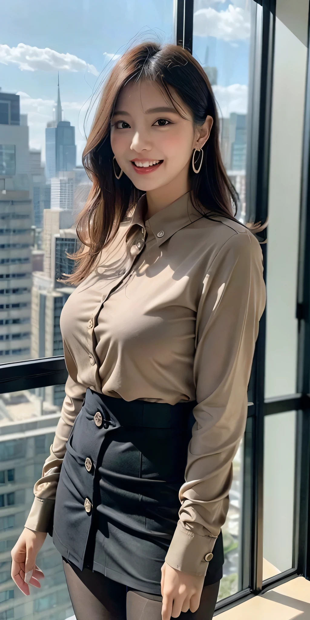 (8k, highest quality, masterpiece:1.2), (Realistic, Photorealistic:1.37), Ultra-detailed, Very busty girl, (Very large breasts bigger than a face), (Button gap), Esbian all over, outside of home, (Tuned Hair:1.5) office lady, black office blazer, Office Skirt, (pantyhose: 1.2)、(Short Button Down Shirt:1.2)、Button-up collar prim、Button-down collar prim、here、(pantyhose:1.2)、Alpha Layer、High heels、Earrings Beautiful、cute、solo、Beautifully detailed skies、(Laughter:1.15)、(Mouth closed)、Big ample breasts、Beautiful details in the eyes、business suit、(Long Hair:1.55)、Floating hair NovaFrogStyle、