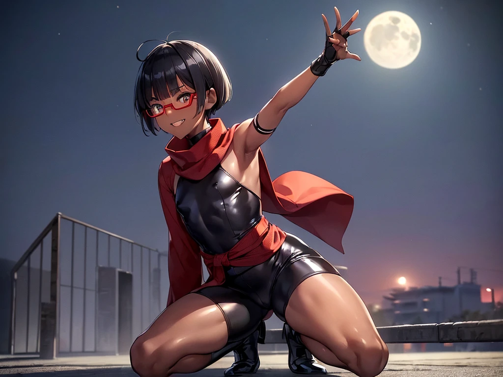 (flat chest:), (masterpiece:1.2), highest quality, High resolution, unity 8k wallpaper, (fine and beautiful eyes:1.6), highly detailed face, perfect lighting, Detailed CG, (perfect hands, perfect anatomy), (1 boy solo:1.4), 20 years old, black hair, extremely beautiful detailfeminine face and eyes, (evil smile:1.4), detailed eyes, best quality,( dark skin:1.8), (turtleneck shirt under yukata:1.2), (bike shorts:1.2), extremely detailed, very precise detailed, (glasses:1.3), blunt bangs, open mouth, (very short pixie cut:1.2), boots,fingerless gloves, smile, half closed eyes, ,(on kawara roof),night sky, ,long sidelocks,(long red Scarf),(yukata),(squatting), ears,(acrobat pose:1.3),(squat:1.3),leaning forward,(one knee dwon:1.5),(Put one foot in front:1.3),(stylish pose:1.4),(2 legs:1.9),(arm up:1.4),