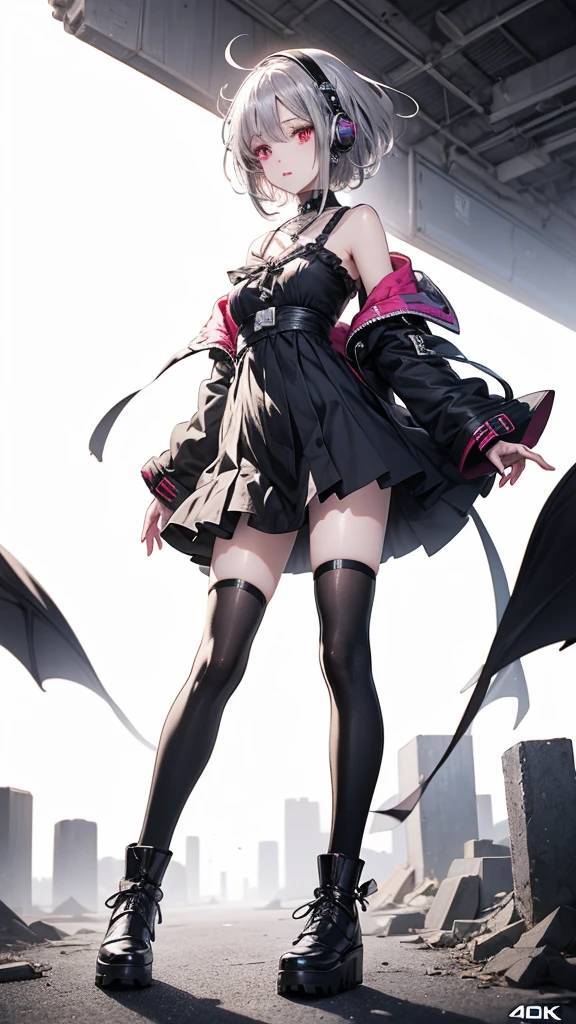 4k anime wallpaper, 4k anime wallpaper, Anime Art Wallpapers 8K, 4K Anime Style, anime art wallpaper 4k, anime art wallpaper 4k, 4k anime wallpaper, Eugeo Art, Detailed digital anime art, ((masterpiece, highest quality)), (Complex Light), Perfect hands, Perfect Eyes、Perfect legs、Hyper Detail, Bright colors, beautiful girl、cyber punk、Silver short hair, Pause, headphone, Red eyes, Tempting, Half coat on, Off the shoulder、Knee-high、boots, colorful, neon、Japanese anime style.