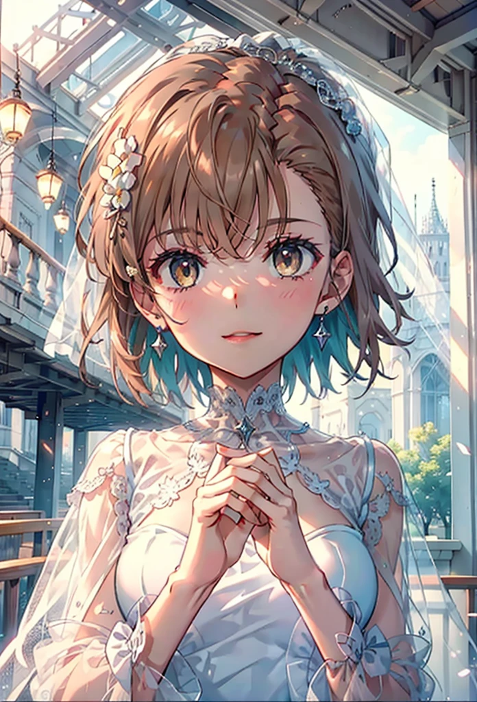 8k,highest quality,masterpiece,(((Pixel Perfect, Perfect in every detail))), alone, 1 girl, ,Mycotrose, Brown eyes,Brown Hair,short hair,Open your mouth,smile,blush,Flower Hair Ornaments,Veil,Wedding dress,Wedding Skirts,Holding a large bouquet in both hands,Flower Storm, break indoors, Chapel,Association, break looking at viewer, whole body,(Cowboy Shot:1. 5) , break (masterpiece:1.2), highest quality, High resolution, unity 8k wallpaper, (shape:0.8), (Beautiful details:1.6), Highly detailed face, Perfect lightでg, Highly detailed CG, (Perfect hands, Perfect Anatomy),