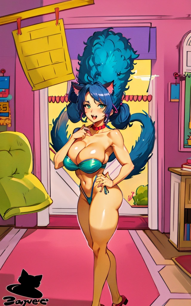 margie simpson, solo, animal ears, animal hands, tail, cat ears, blue hair, big hair, long hair, cat tail, breasts, claws, open mouth, hand on hip, fangs, full body, large breasts, fur, standing, signature, navel, cat girl, green eyes, mature woman, (shonen anime style, masterpiece, Best Quality, Extremely Detailed, Ultra Quality, 4k) nude, naked, large breasts, awe BREAK pink hair) sharp focus, full body portrait, full body photo, flat lighting, super beautiful sexy woman , very beautiful Greek woman, perfect body:1,1, 24 years old