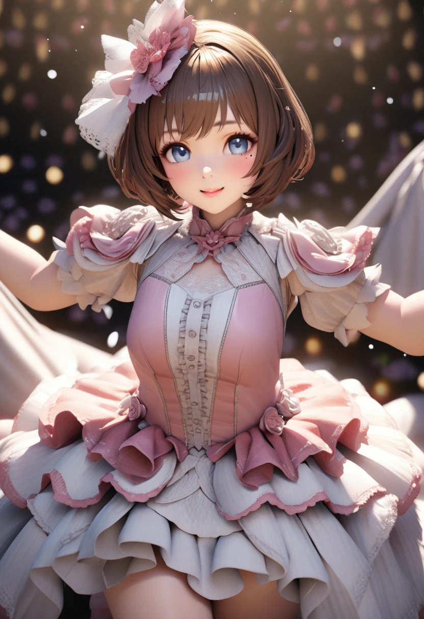 One Girl、Looking at the audience、
Beautiful Blue Eyes、Brown short hair、Mole under the eye、Plump and glossy lips、Heart-shaped choca、Idol、smile、ー、。.。.。.。.。.。.。.。.。.。.。.。.。.。.。.。.。.。.3D、Realistic、
Princess dress with too many frills、Drape clothes、gem、The decoration has been removed、Floral、Lace trim、bright stage、
masterpiece、highest quality、8k、Detailed skin texture、Detailed cloth texture、Beautifully detailed face、Intricate details、Very detailed、
超A high resolution、8K Ultra HD、Film Grain、Best Shadow、delicate、Staring at the audience、front