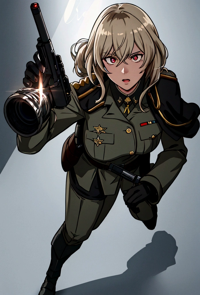 Smoke, White Light, Strong Light, 4K, HD, Ultra HD, Ultra Detail, Glowing Eyes, Full Body, Close Body, Holding a gun, Tanya von degurechaff, military uniform