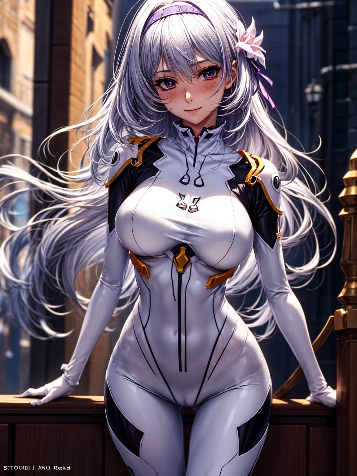 top-quality、tmasterpiece、Very high resolution、super high image quality、High-quality pixels)、perfect eyes, perfect face, perfect body figure,solo,8K, large breast,(Detailed description of hair), (Detailed description of face),(Detailed description of body), fair and clear skin, matchless beauty, long legged, (grey hair of waist length details expressed:1.2), detailed purple eye, single flower hair band, mild ssmile, blush, white bodysuit, (EVA Rei's Bodysuit:1.2), in the broken buildings, in the relics