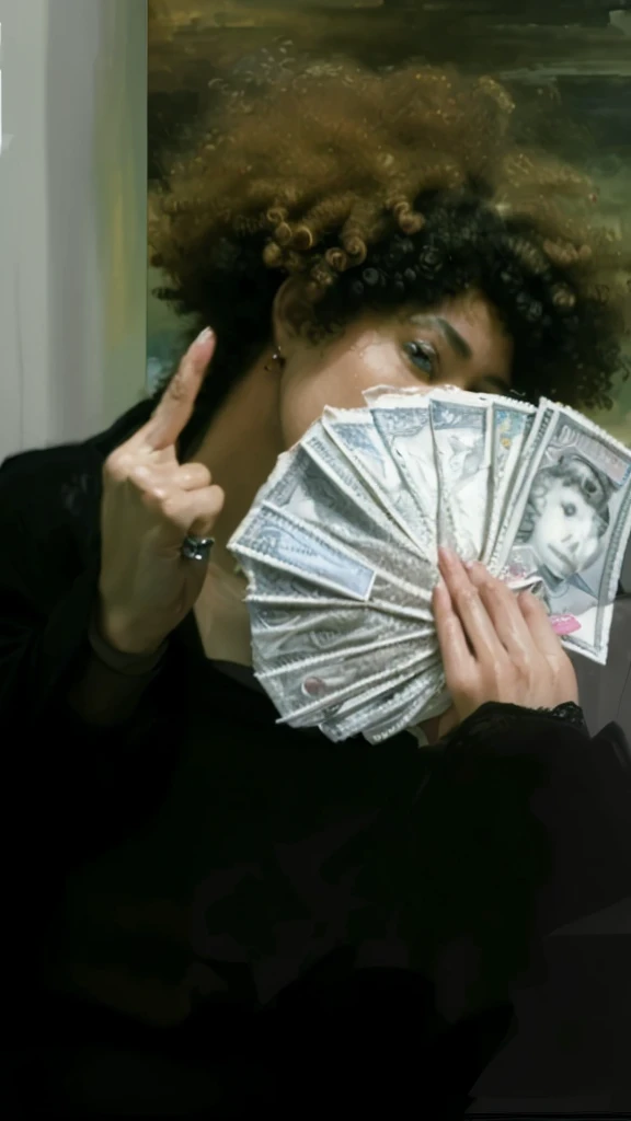 (best quality,4k,8k,highres,masterpiece:1.2),ultra-detailed,realistic,photorealistic:1.37, portrait, money fan covering her face, middle finger, curly afro
