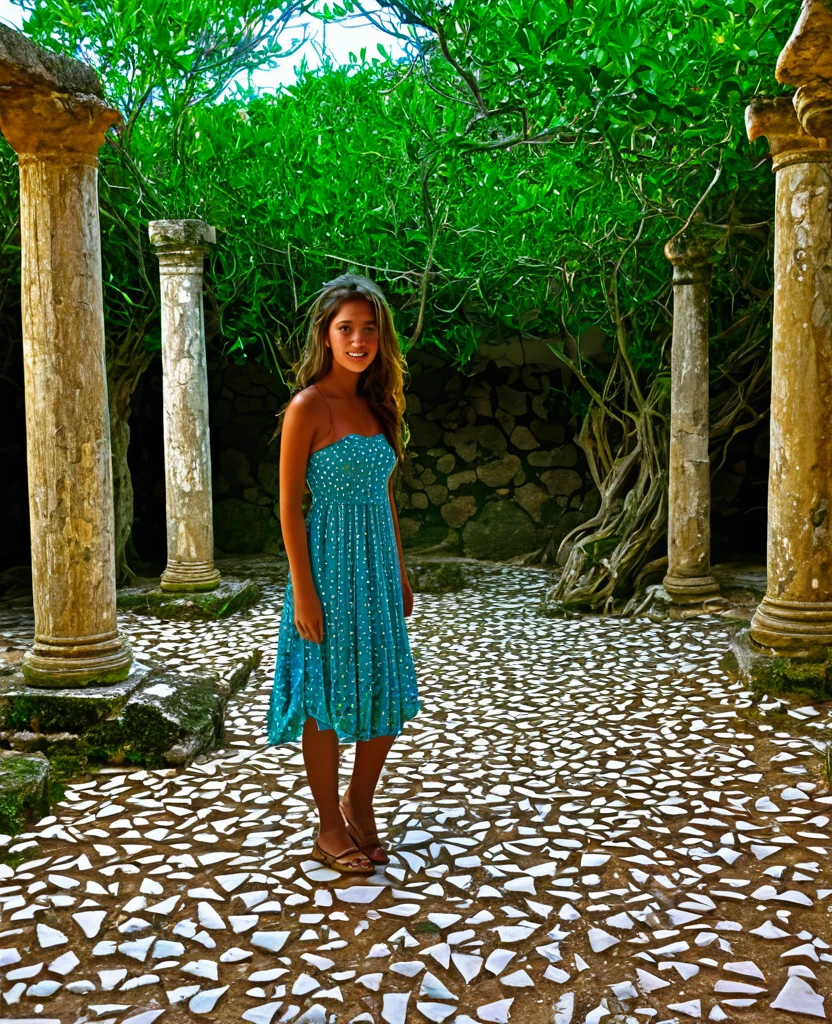 Na cena, a young girl from an ancient civilization, loira de olhos azuis, destaca-se em um vestido de tons terrosos. She examines ancient ruins, enquanto o sol dourado ilumina sua pele. Ao fundo, carved columns emerge among wild vegetation, while pottery shards and broken artifacts dot the floor. O som distante de um riacho completa a atmosfera serena e atemporal.