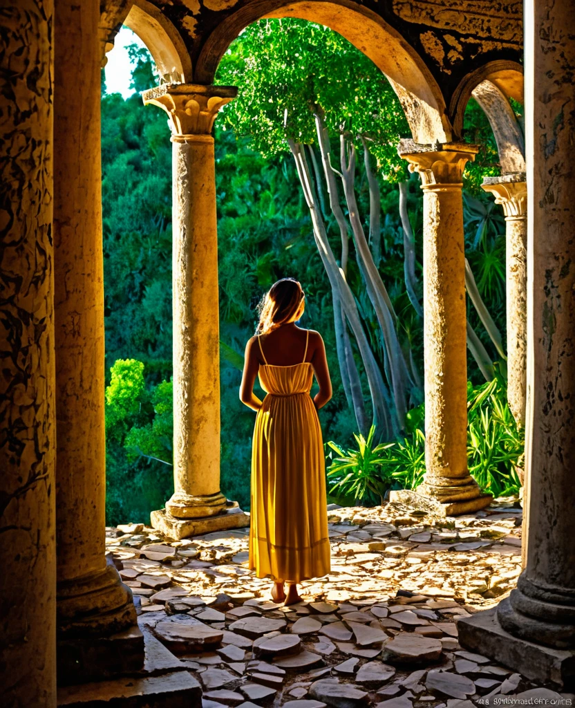 Na cena, a young girl from an ancient civilization, loira de olhos azuis, destaca-se em um vestido de tons terrosos. She examines ancient ruins, enquanto o sol dourado ilumina sua pele. Ao fundo, carved columns emerge among wild vegetation, while pottery shards and broken artifacts dot the floor. O som distante de um riacho completa a atmosfera serena e atemporal.