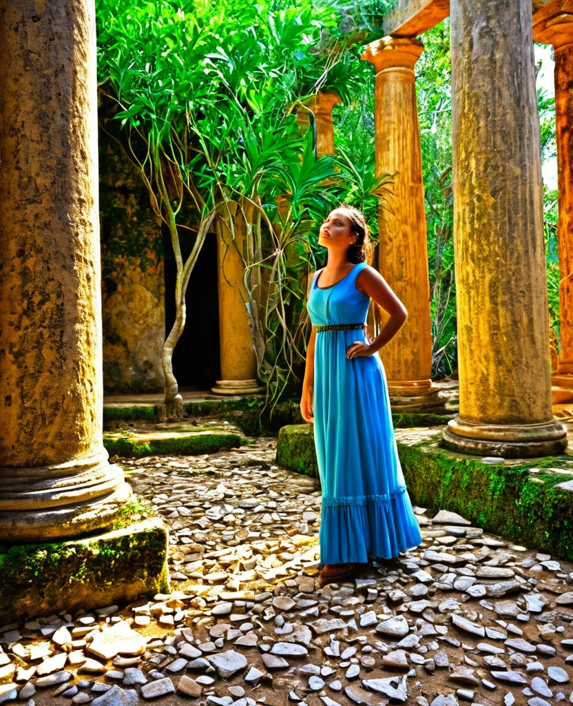 Na cena, a young girl from an ancient civilization, loira de olhos azuis, destaca-se em um vestido de tons terrosos. She examines ancient ruins, enquanto o sol dourado ilumina sua pele. Ao fundo, carved columns emerge among wild vegetation, while pottery shards and broken artifacts dot the floor. O som distante de um riacho completa a atmosfera serena e atemporal.
