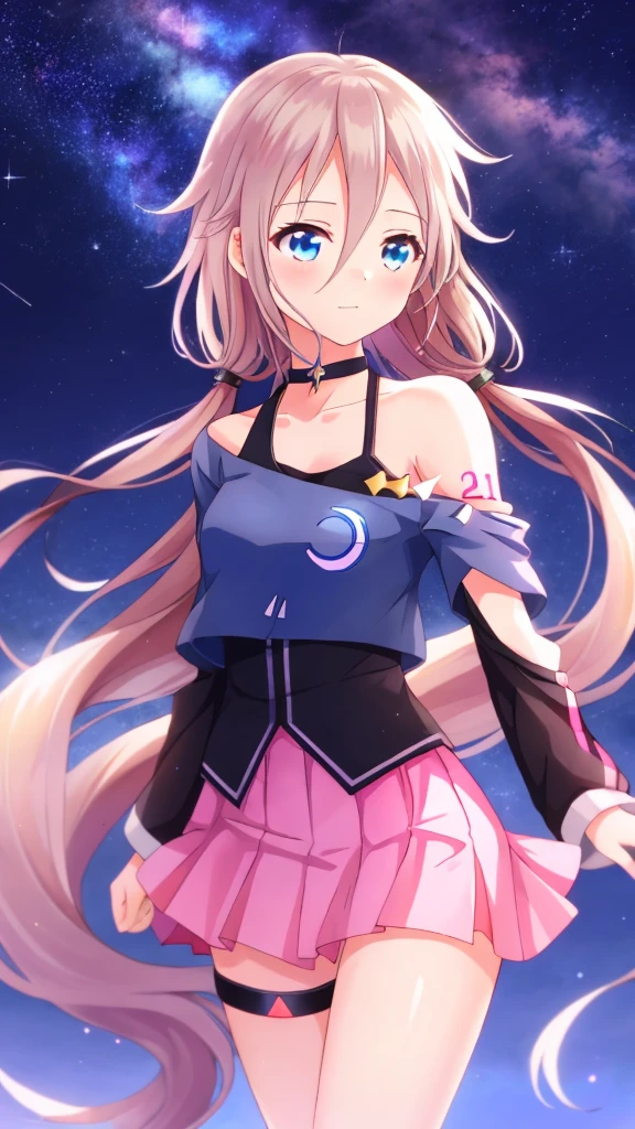 one girl, IA, Vocaloid, CeVIO AI, short skirt, black shirt, off shoulder, choker, beauty, starry sky, mysterious girl, close to girl, Aria on the Planetes, slender, cool, straight hair, cowboy shot, face focus, cute, happily