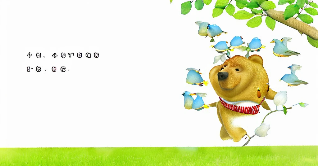 Hyperrealistic style, Warmth and healing, Pixar animation style, A chubby brown bear with a red scarf, Q Cute, Humble and cute, Lots of chubby blue birds, White background, There are branches and green leaves above the head, grassland, Rich and delicate details, 3D Rendering, Rim Light, Light Effect, Volumetric Light, photography, Ultra-clear