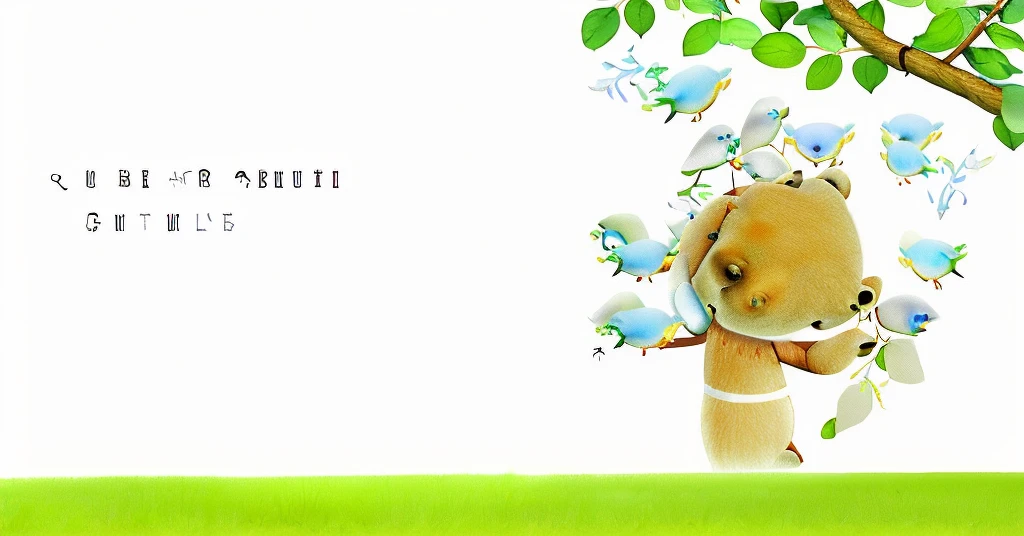 Hyperrealistic style, Warmth and healing, Pixar animation style, A chubby brown bear with a red scarf, Q Cute, Humble and cute, Lots of chubby blue birds, White background, There are branches and green leaves above the head, grassland, Rich and delicate details, 3D Rendering, Rim Light, Light Effect, Volumetric Light, photography, Ultra-clear
