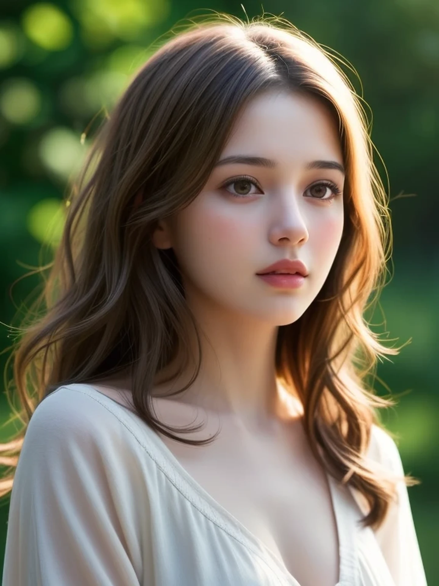 (looking away:1.4), (upper body shot:1.2), Realistic digital painting of a woman portrait, Shy, Cute, open mouth to say something, sad, brown eyes, (Wavy medium Hair:1.1), (light brown brunette hair:1.3), (Highly detailed skin:1.2), Mystical style, Global Illumination,