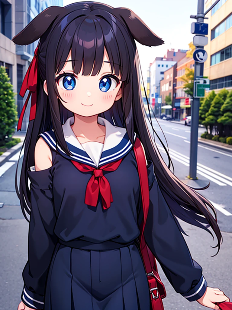 Dark, shoulder-length hair, adult woman Dog Ears Dark blue colored eyes A student wearing a navy blue sailor uniform with a red ribbon In the city smile
