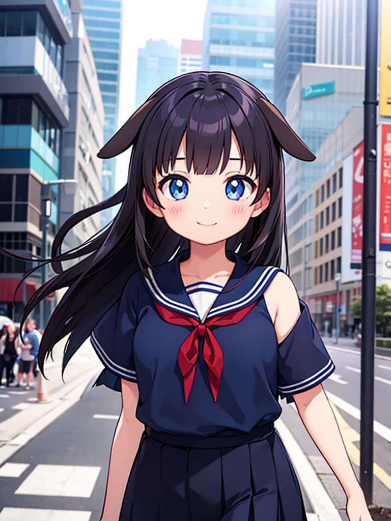 Dark, shoulder-length hair, adult woman Dog Ears Dark blue colored eyes A student wearing a navy blue sailor uniform with a red ribbon In the city smile