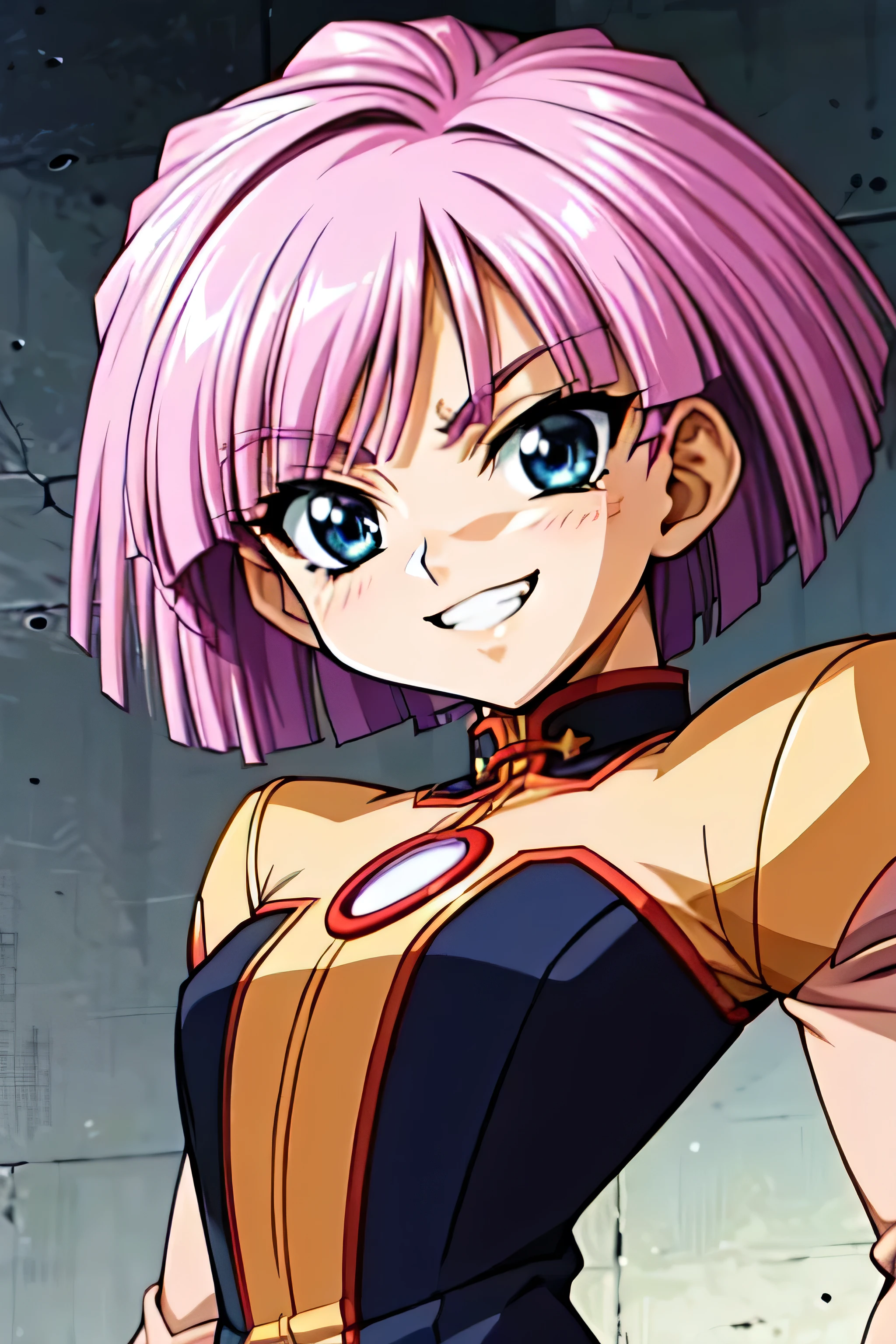 (best_quality 4K, 8K, High resolution, Masterpiece: 1.2), ultra detailed),from_below,(anime_screencap),(1girl,solo),dynamic_angle,too evil_smile,too evil laugh at,tis,deep shadeded_face,too sadistic,smile worst,,bob short  hair,,,looking at viewer,upper body,