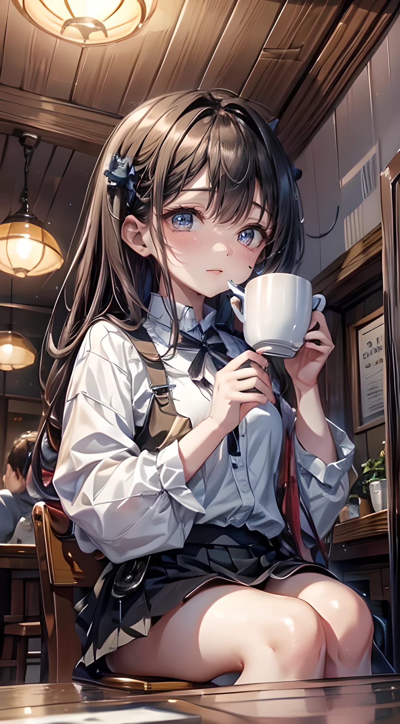 Inside the cafe、Hands bringing mug to mouth、Looking up