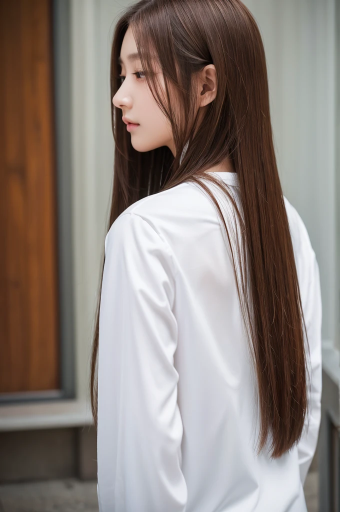highest quality、High resolution、quiet、Silence、woman、one person、long hair、Straight Hair、Brown Hair、Shiny hair、Long sleeve、White wall、Backwards、Back view、No camera look、₍ Buckshot 1.5₎