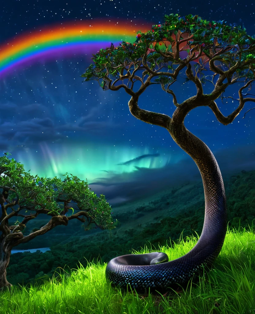Obra de arte, melhor qualidade, alta qualidade, CG, 8K, scenario, noite, sky, nuvens, Nenhum homem ,floresta exuberante, linda cachoeira, rainbow, imagem de fantasia, vaga-lume, luar, aurora, tree, black snake on tree, apple herd, alce, cervo albino, Coelho branco,