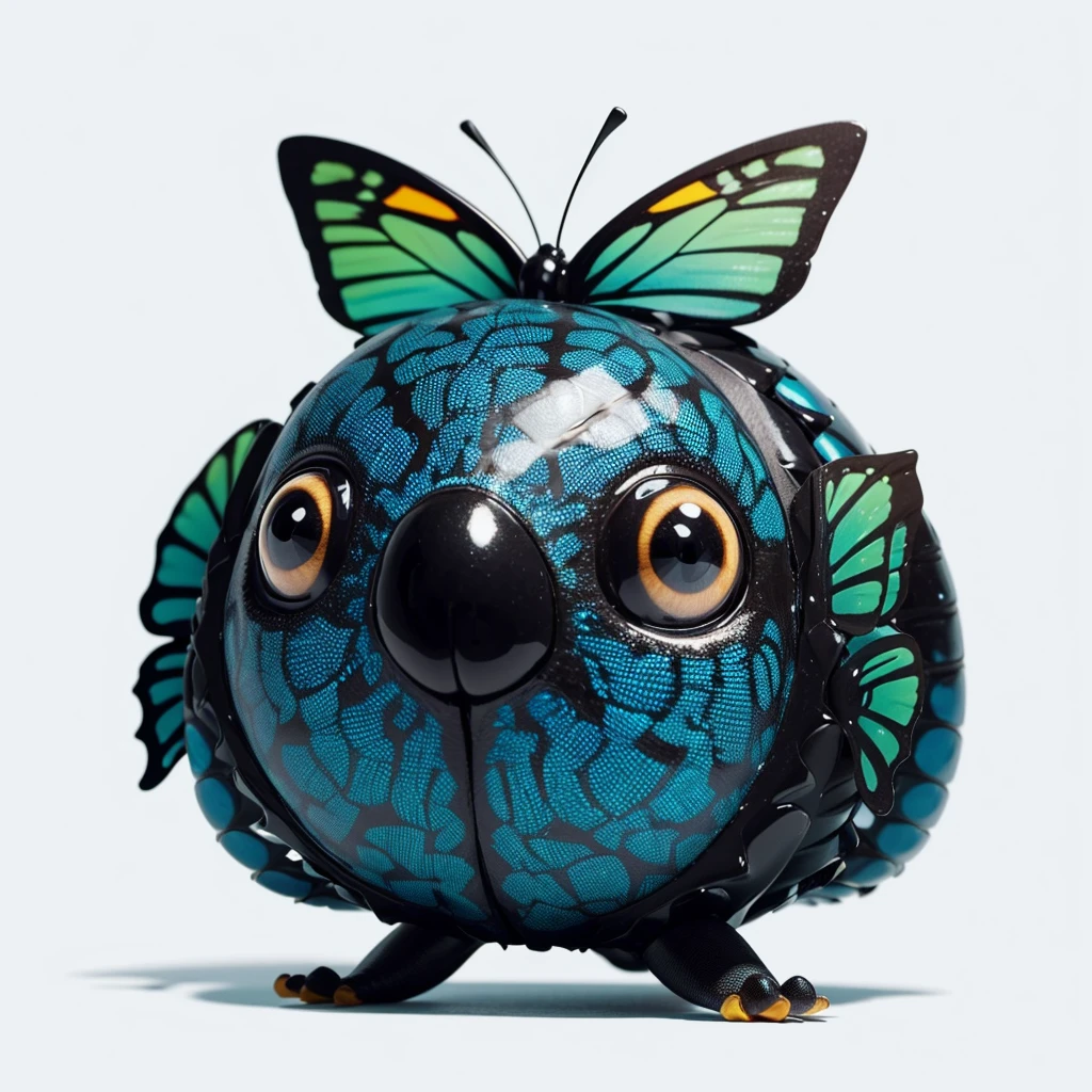 Animaly, has scales, his body is shaped like a butterfly but his face is like a ant and pufferfish, black full colour skins, Grassroots background