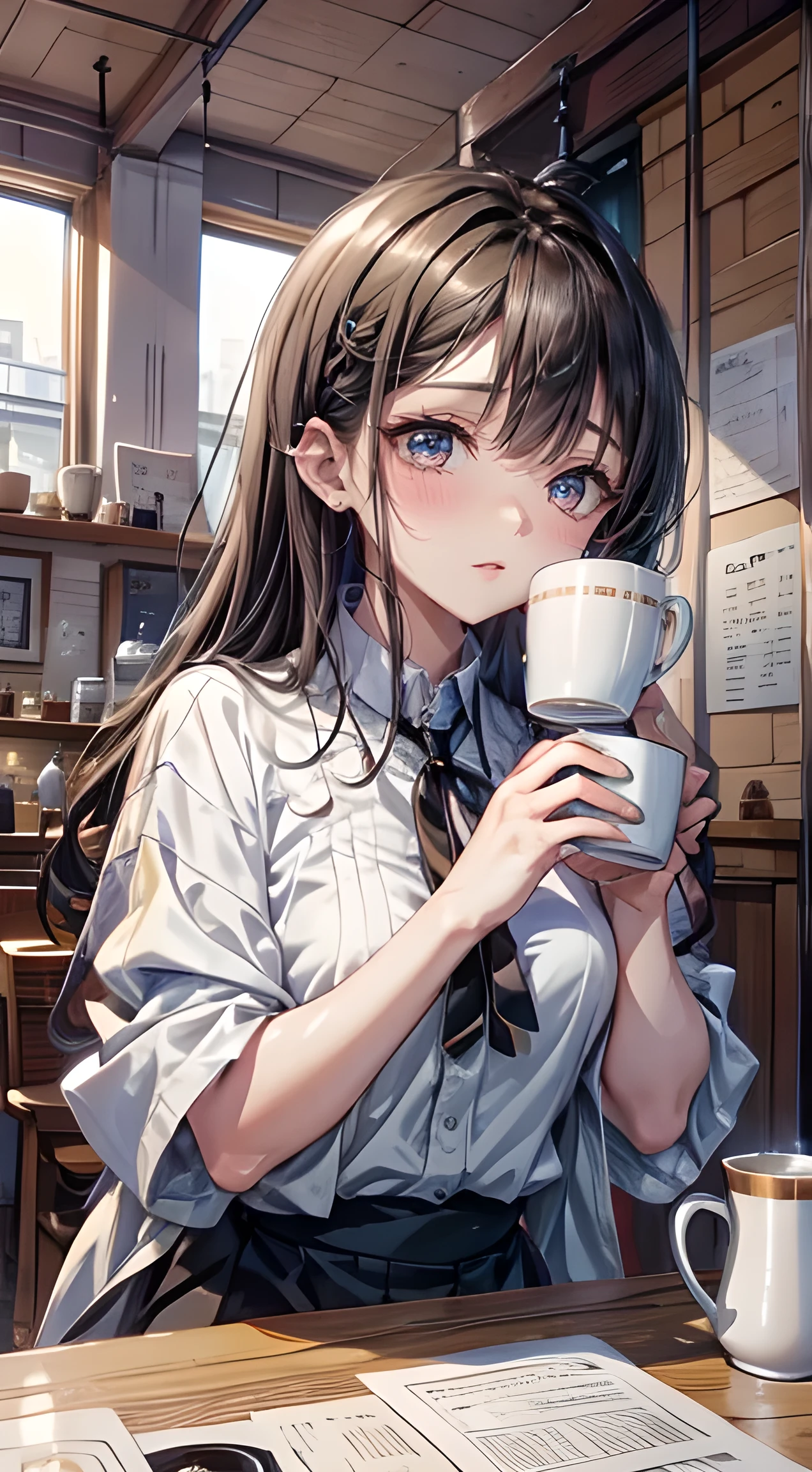 Inside the cafe、Hands bringing mug to mouth、Looking up