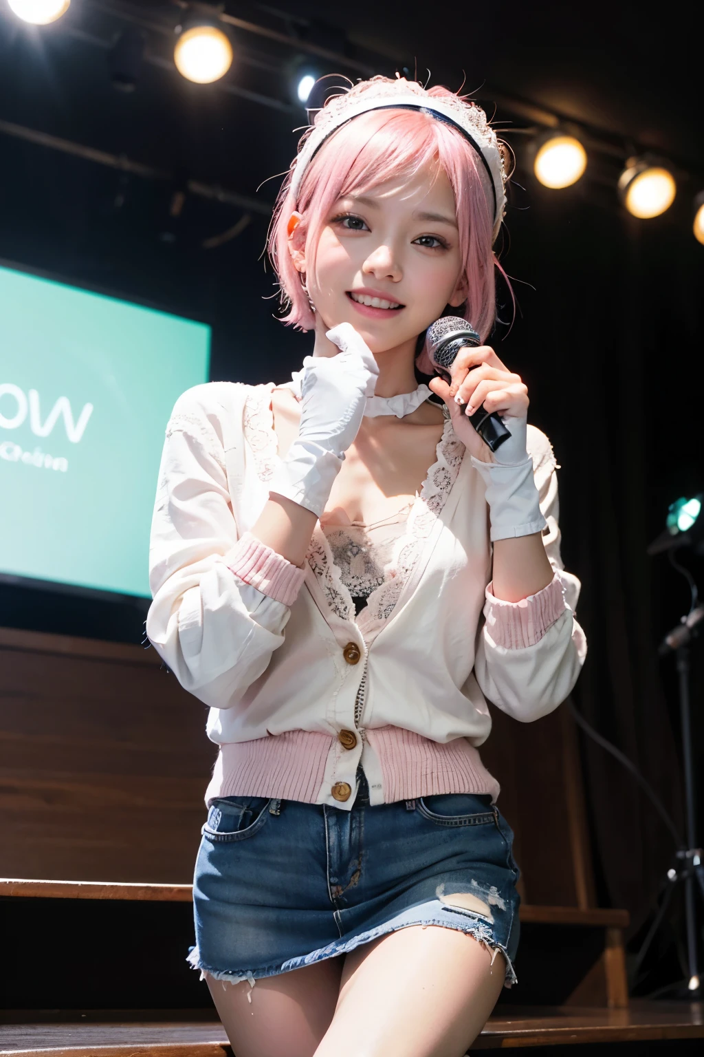 (8K, top-quality, masterpiece:1,2), (reallistic, Photorealsitic:1.37), Super Detail, One girl,), (Highly detailed), (beautifully detailed eyes), (of the highest quality), (super detailed ), (masterpiece), (Detailed face),20yr old, ,1 girl, ((pink hair,Very short hair)), medium breasts, clothed, Perfect Lighting, BREAK (orange cardigan:1.3), (white blouse:1.4), (denim skirt:1.4), (A-line silhouette:1.2), lace, ribbon, (white lace socks:1.2), (ballet shoes:1.2), (small and simple accessories:1.2), (headband:1.2), BREAK (pink very short hair:1.4), (white lace headband:1.2), smiling, (cheeks slightly red:1.2), holding microphone in right hand, spreading fingers in left hand, (white gloves with ribbons:1.2), TV studio, stage, curtain, lighting, audience, screen, (bright light on face:1.3)