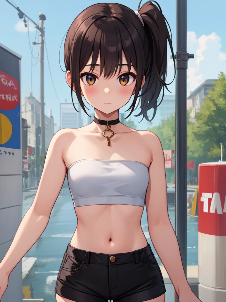 masterpiece, best quality, ultra detailed, 1 girl, micro short shorts, (tube top), side ponytail, small breasts