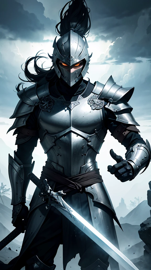 Generate an image of a fierce warrior in full armor, including a helmet, wielding a big sword in his hand. The warrior's armor should be predominantly white, with a large, black circle symbol prominently displayed on his chest. The image should be highly detailed, capturing the intricacies of the armor, the texture of the materials, and the sharpness of the sword. The warrior's stance should exude strength and readiness for battle. The background can be a battlefield, a stormy sky, or another dramatic setting that enhances the warrior's imposing presence. Ensure the lighting and shading highlight the reflective surfaces of the white armor and the menacing glow of the black circle symbol. Pay attention to the warrior's pose, making it dynamic and powerful. The overall image should be visually striking and immersive, conveying the might and determination of the fierce warrior