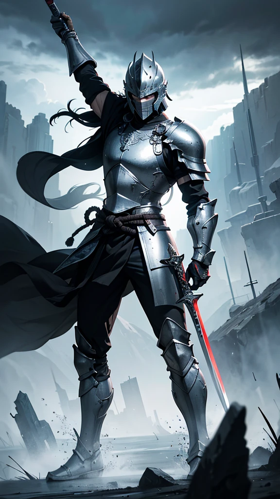 Generate an image of a fierce warrior in full armor, including a helmet, wielding a big sword in his hand. The warrior's armor should be predominantly white, with a large, black circle symbol prominently displayed on his chest. The image should be highly detailed, capturing the intricacies of the armor, the texture of the materials, and the sharpness of the sword. The warrior's stance should exude strength and readiness for battle. The background can be a battlefield, a stormy sky, or another dramatic setting that enhances the warrior's imposing presence. Ensure the lighting and shading highlight the reflective surfaces of the white armor and the menacing glow of the black circle symbol. Pay attention to the warrior's pose, making it dynamic and powerful. The overall image should be visually striking and immersive, conveying the might and determination of the fierce warrior