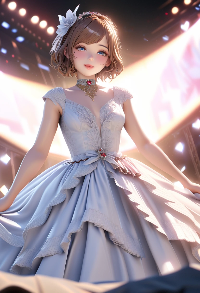 One girl, looking at the audience,
beautiful blue eyes, brown short hair, mole under eye, plump glossy lips, heart shaped choker, idol, smiling, . . . . 3D, realistic,
princess dress with too many frills, draped clothes, jewels, embellishments stripped away, floral patterns, lace trim, bright stage,
masterpiece, best quality, 8k, detailed skin texture, detailed fabric texture, beautifully detailed face, intricate details, highly detailed,
ultra high resolution, 8K Ultra HD, film grain, best shadows, delicate, looking at the audience, front