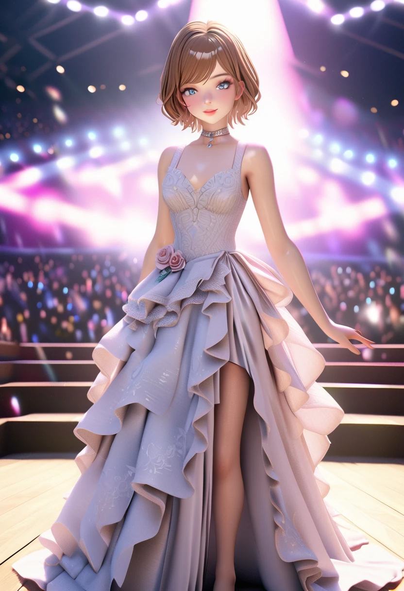 One girl, looking at the audience,
beautiful blue eyes, brown short hair, mole under eye, plump glossy lips, heart shaped choker, idol, smiling, . . . . 3D, realistic,
princess dress with too many frills, draped clothes, jewels, embellishments stripped away, floral patterns, lace trim, bright stage,
masterpiece, best quality, 8k, detailed skin texture, detailed fabric texture, beautifully detailed face, intricate details, highly detailed,
ultra high resolution, 8K Ultra HD, film grain, best shadows, delicate, looking at the audience, front