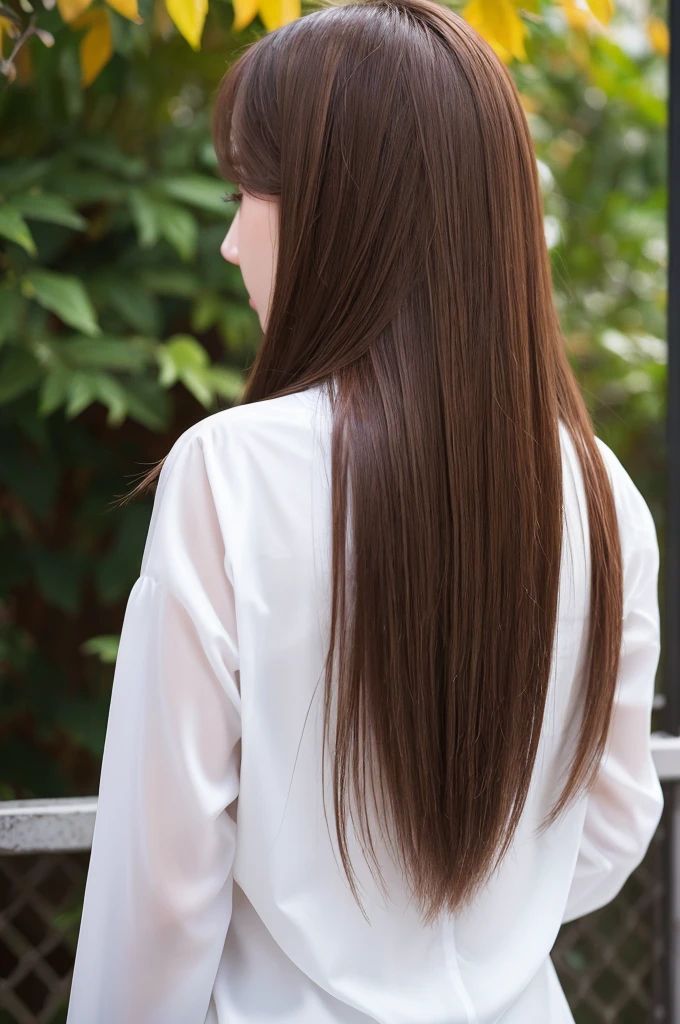 highest quality、High resolution、quiet、Silence、woman、one person、long hair、Straight Hair、Brown Hair、Shiny hair、Long sleeve、White wall、Backwards、Back view、No camera look、₍ Buckshot 1.5₎