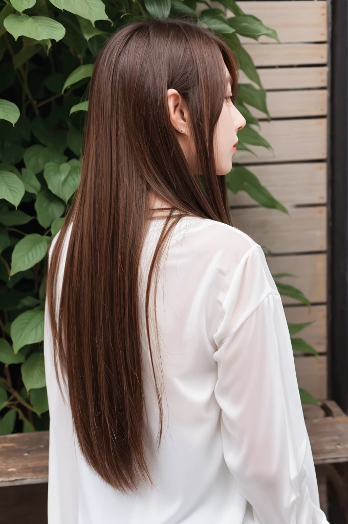 highest quality、High resolution、quiet、Silence、woman、one person、long hair、Straight Hair、Brown Hair、Shiny hair、Long sleeve、White wall、Backwards、Back view、No camera look、₍ Buckshot 1.5₎