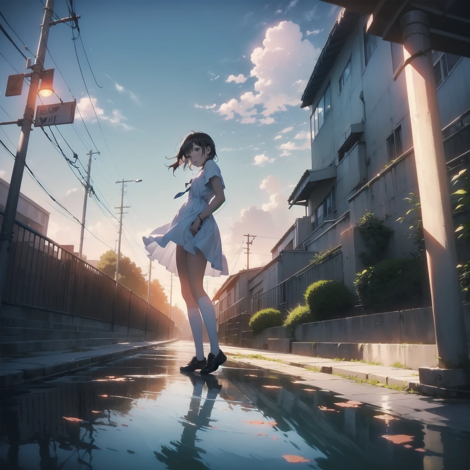 Vast landscape photography、(View from below、Shows the sky above and below)、High resolution、highest quality、Very detailed、makoto shinkai、sunset、Girl in white dress looking sideways、College student with long brown hair、Electric pole、electric wire、Railroad crossing、Lens blur