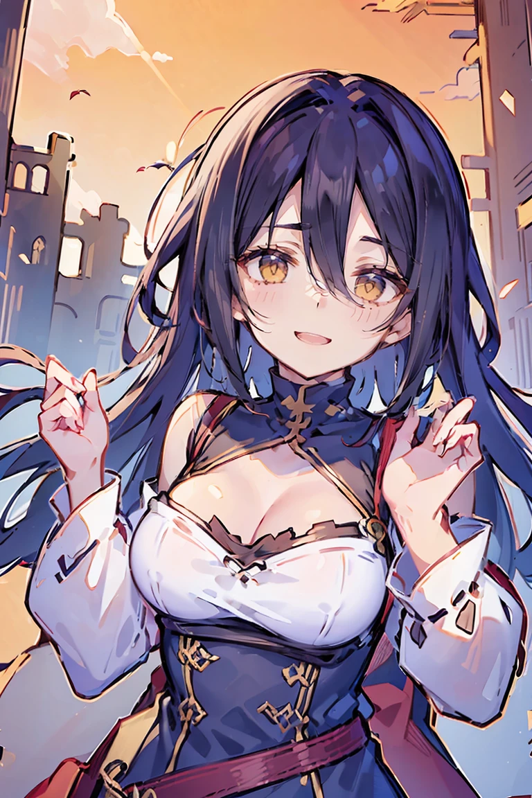 (masterpiece:1.2), (high quality:1.2), hui xiyi, rekkyo sensen, rekkyou sensen, girls with((black hair, tits cleavage, waving is hands, breasts close up, suspenders, dress, blue clothes, belt, frills shirt, white knit sweater, camisole, exposed breasts, straps, upper body, long hair, one side up, nun, white long sleeves, perfect hands, perfect fingers)), background with((fantasy world, ruin, castle, beautiful sky, shining sky, sunshine))