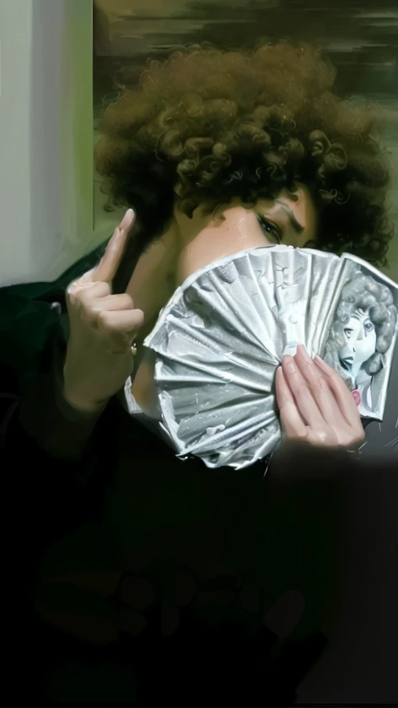 (best quality,4k,8k,highres,masterpiece:1.2),ultra-detailed,realistic,photorealistic:1.37, portrait, money fan covering her face, middle finger, curly afro