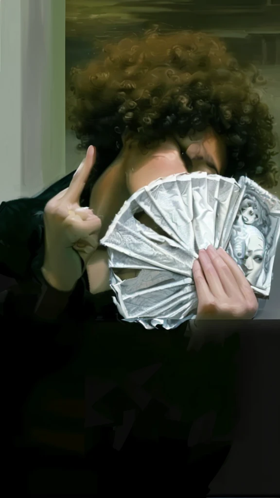 (best quality,4k,8k,highres,masterpiece:1.2),ultra-detailed,realistic,photorealistic:1.37, portrait, money fan covering her face, middle finger, curly afro
