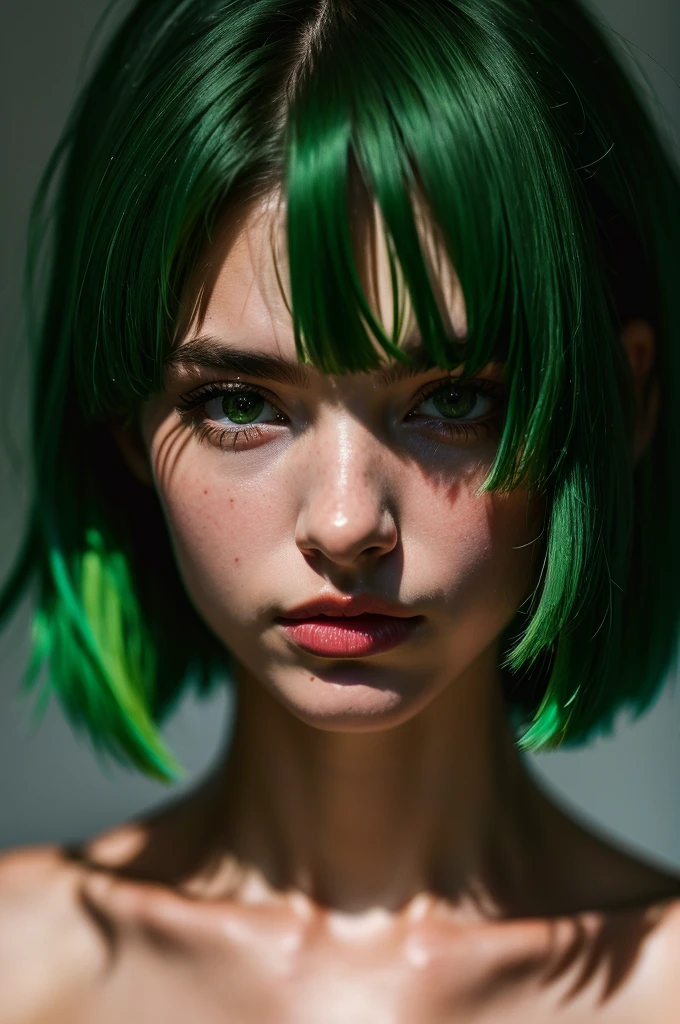 Instagram Photos, French woman, 21 years old, square hair cut,Green Hair, Close-up portrait, sweater, Neckline, pale, Sharp Shadow