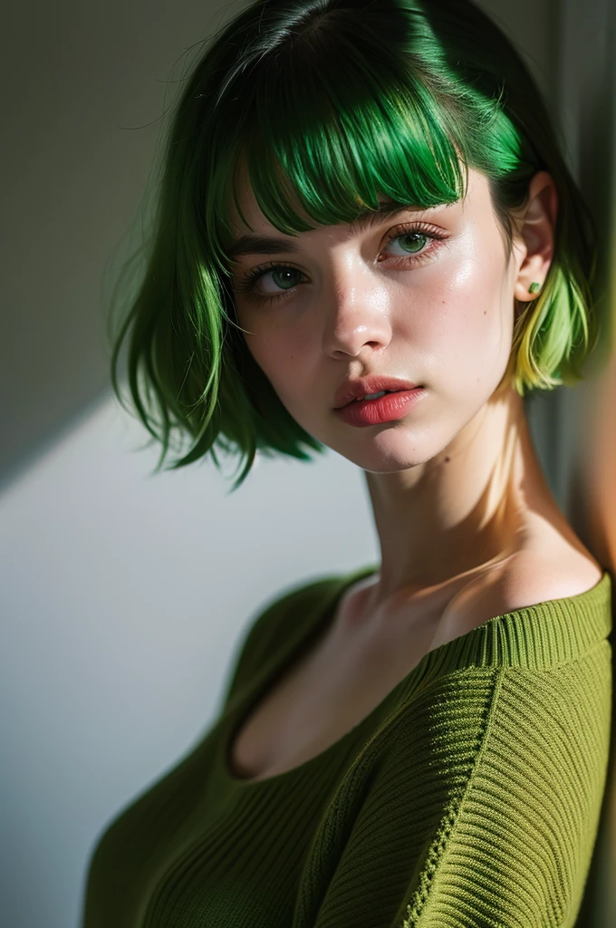 Instagram Photos, French woman, 21 years old, square hair cut,Green Hair, Close-up portrait, sweater, Neckline, pale, Sharp Shadow