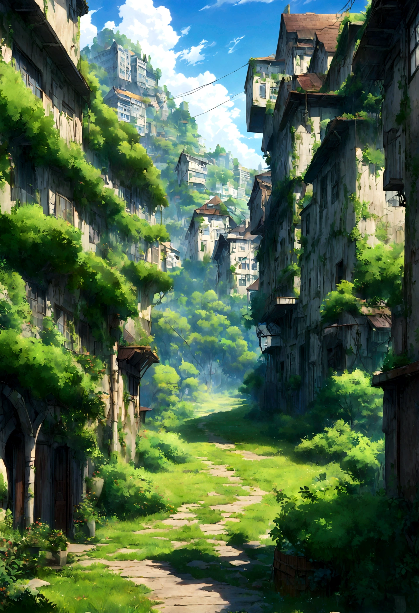 there is a picture of a building with a lot of trees on it, anime nature, the city is full of green plants, lush foliage cyberpunk, overgrowth. by makoto shinkai, beautiful anime scenery, overgrown city, beautiful anime scene, anime nature wallpap, studio ghibli sunlight, anime background art, anime scenery, anime beautiful peace scene