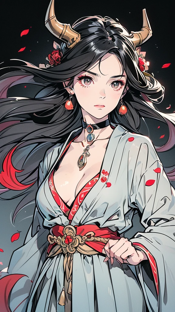 Seven Rhaeyar (Deylta), Ancient Star goddess, Perfect female anatomy (Royalty, Adult Female, 166cm in height, Cool pale skin, slim, slender, 34D breast size, Long Jet Black Hair, Gray Colored Iris , a set of Jet black colored horns on her head), Neutral facial expression, Elegant black uniform dress, female choker accessory with silver complimentary jewelry, dragon motifs, Black rope accessories, Simple Black Background, receiving light from the front, Slightly focusing on her face up close, Ethereal glow, Red Rose petals falling, Japanese inspired