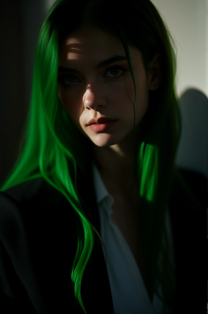 Instagram Photos, French woman, 21 years old, Long Hair,Green Hair, Close-up portrait, Jacket,shirt, Neckline, pale, Sharp Shadow