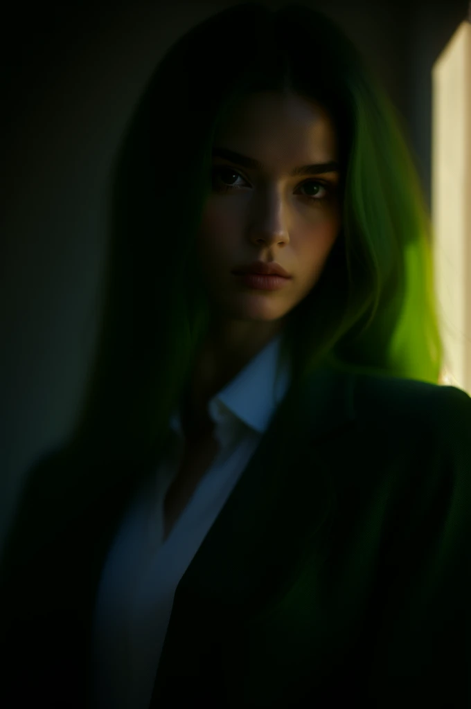 Instagram Photos, French woman, 21 years old, Long Hair,Green Hair, Close-up portrait, Jacket,shirt, Neckline, pale, Sharp Shadow